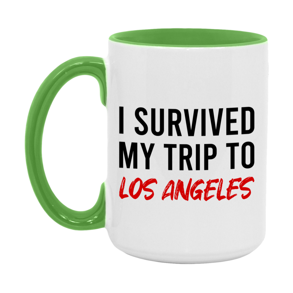Funny Travel Mug – I Survived My Trip to Los Angeles, 11oz or 15oz White Ceramic Coffee Mug, Novelty Travel Gift