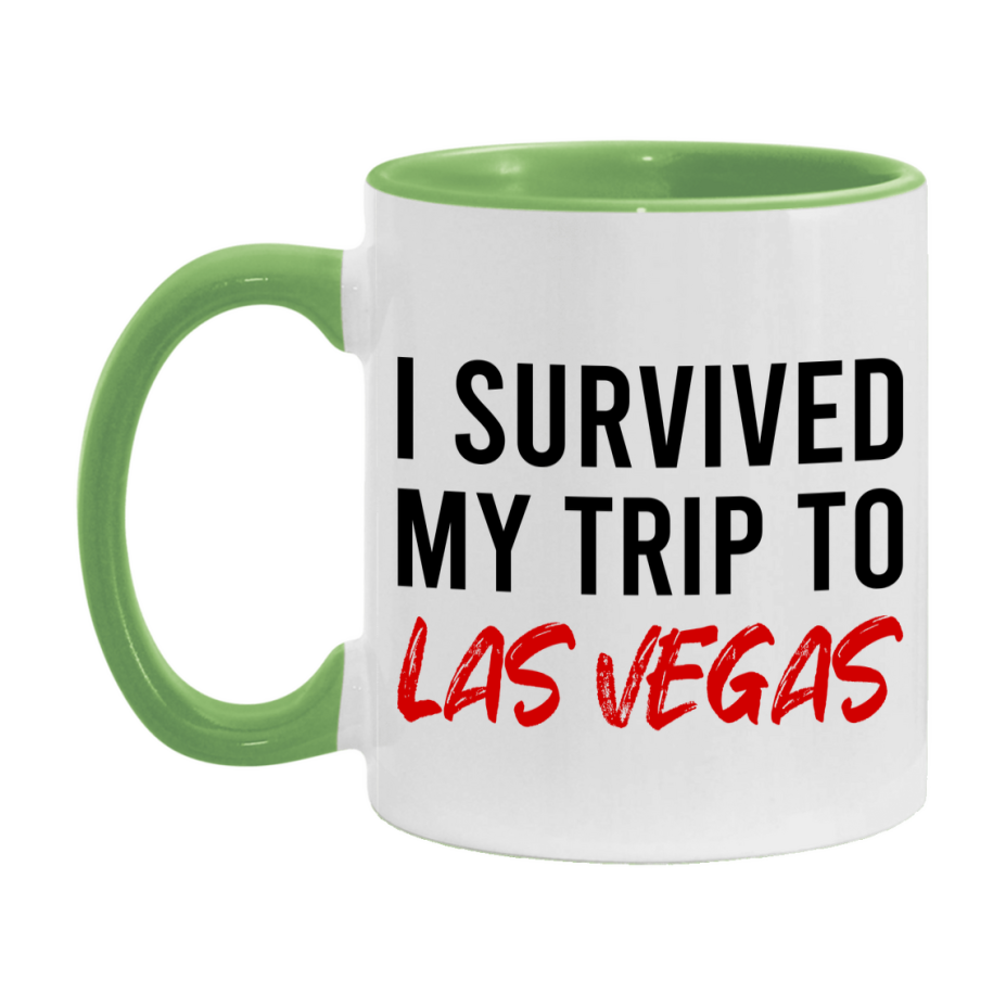 Funny Travel Mug – I Survived My Trip to Las Vegas, 11oz or 15oz White Ceramic Coffee Mug, Novelty Travel Gift