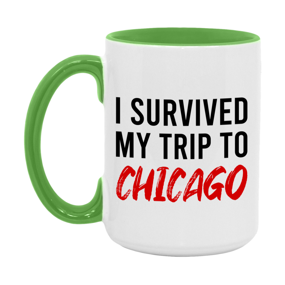 Funny Travel Mug – I Survived My Trip to Chicago, 11oz or 15oz White Ceramic Coffee Mug, Novelty Travel Gift