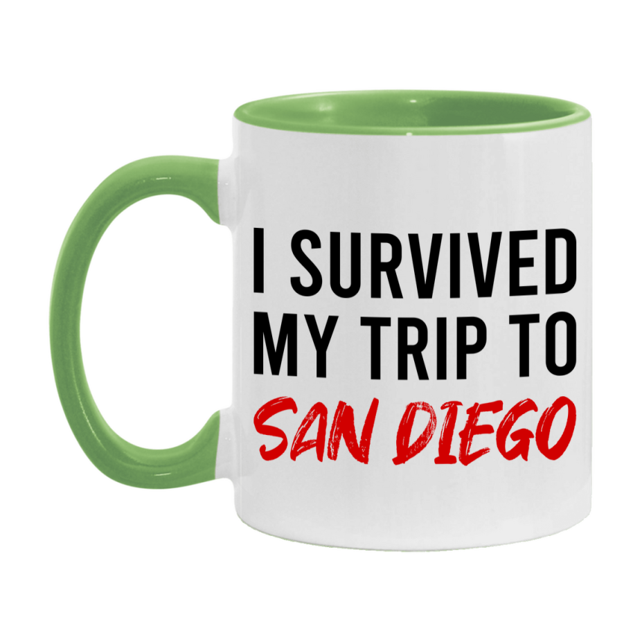 Funny Travel Mug – I Survived My Trip to San Diego, 11oz or 15oz White Ceramic Coffee Mug, Novelty Travel Gift