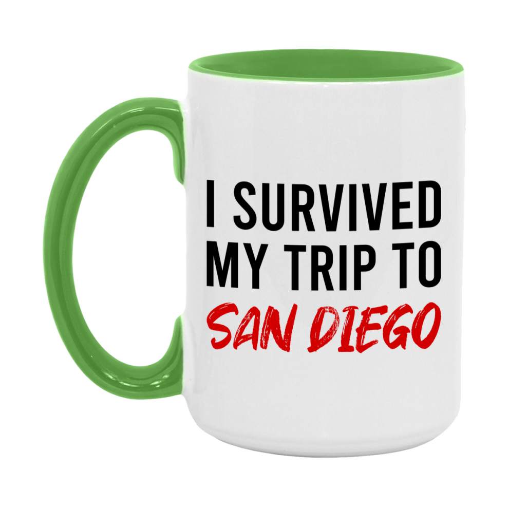 Funny Travel Mug – I Survived My Trip to San Diego, 11oz or 15oz White Ceramic Coffee Mug, Novelty Travel Gift