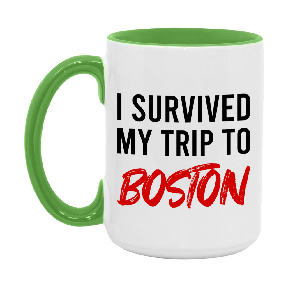 Funny Travel Mug – I Survived My Trip to Boston, 11oz or 15oz White Ceramic Coffee Mug, Novelty Travel Gift