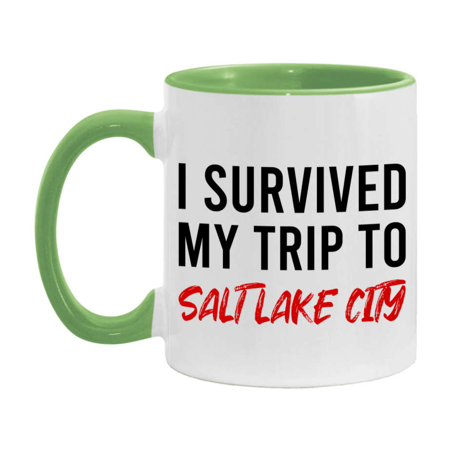 Funny Travel Mug – I Survived My Trip to Salt Lake Salt Lake City, 11oz or 15oz White Ceramic Coffee Mug, Novelty Travel Gift
