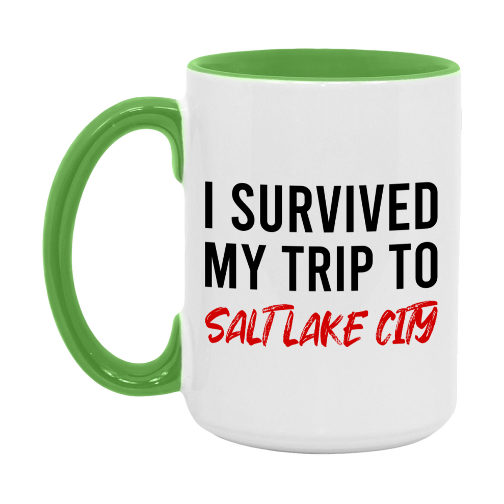 Funny Travel Mug – I Survived My Trip to Salt Lake Salt Lake City, 11oz or 15oz White Ceramic Coffee Mug, Novelty Travel Gift