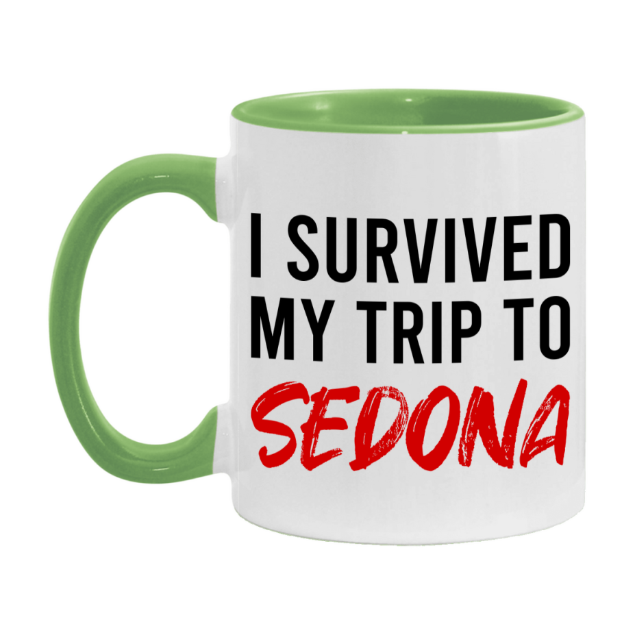 Funny Travel Mug – I Survived My Trip to Sedona, 11oz or 15oz White Ceramic Coffee Mug, Novelty Travel Gift