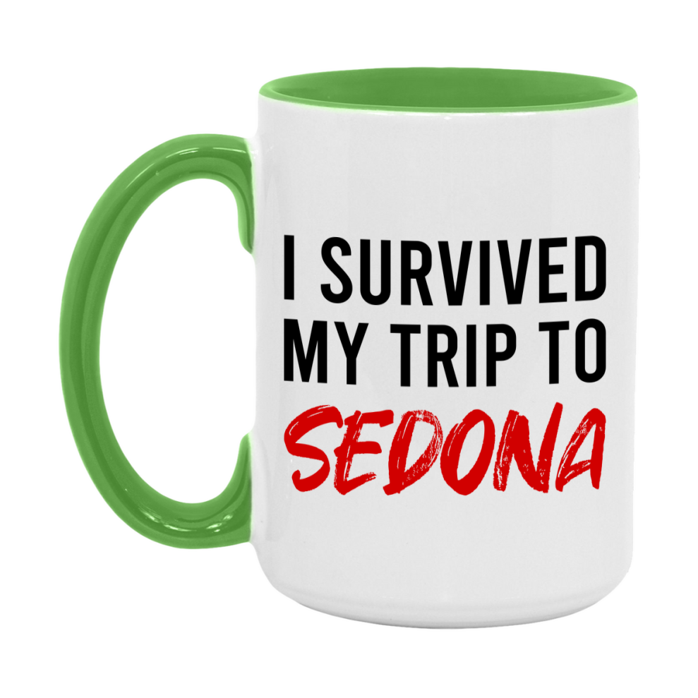 Funny Travel Mug – I Survived My Trip to Sedona, 11oz or 15oz White Ceramic Coffee Mug, Novelty Travel Gift