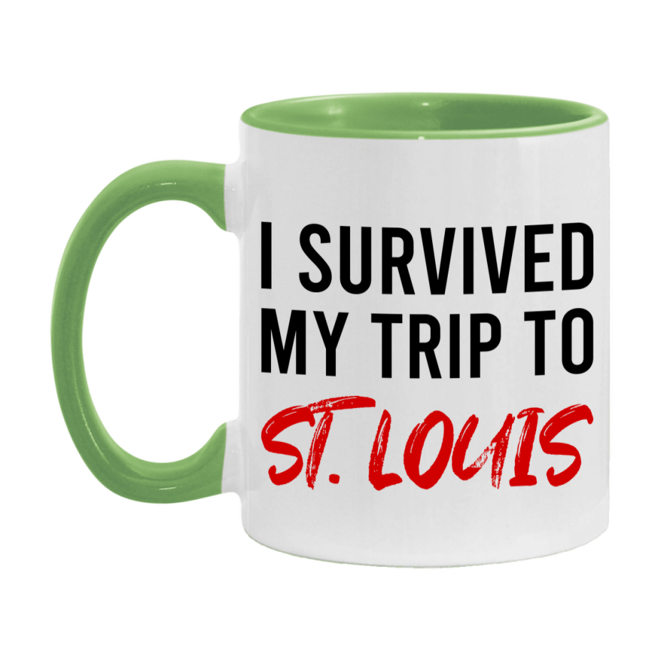 Funny Travel Mug – I Survived My Trip to St. Louis, 11oz or 15oz White Ceramic Coffee Mug, Novelty Travel Gift