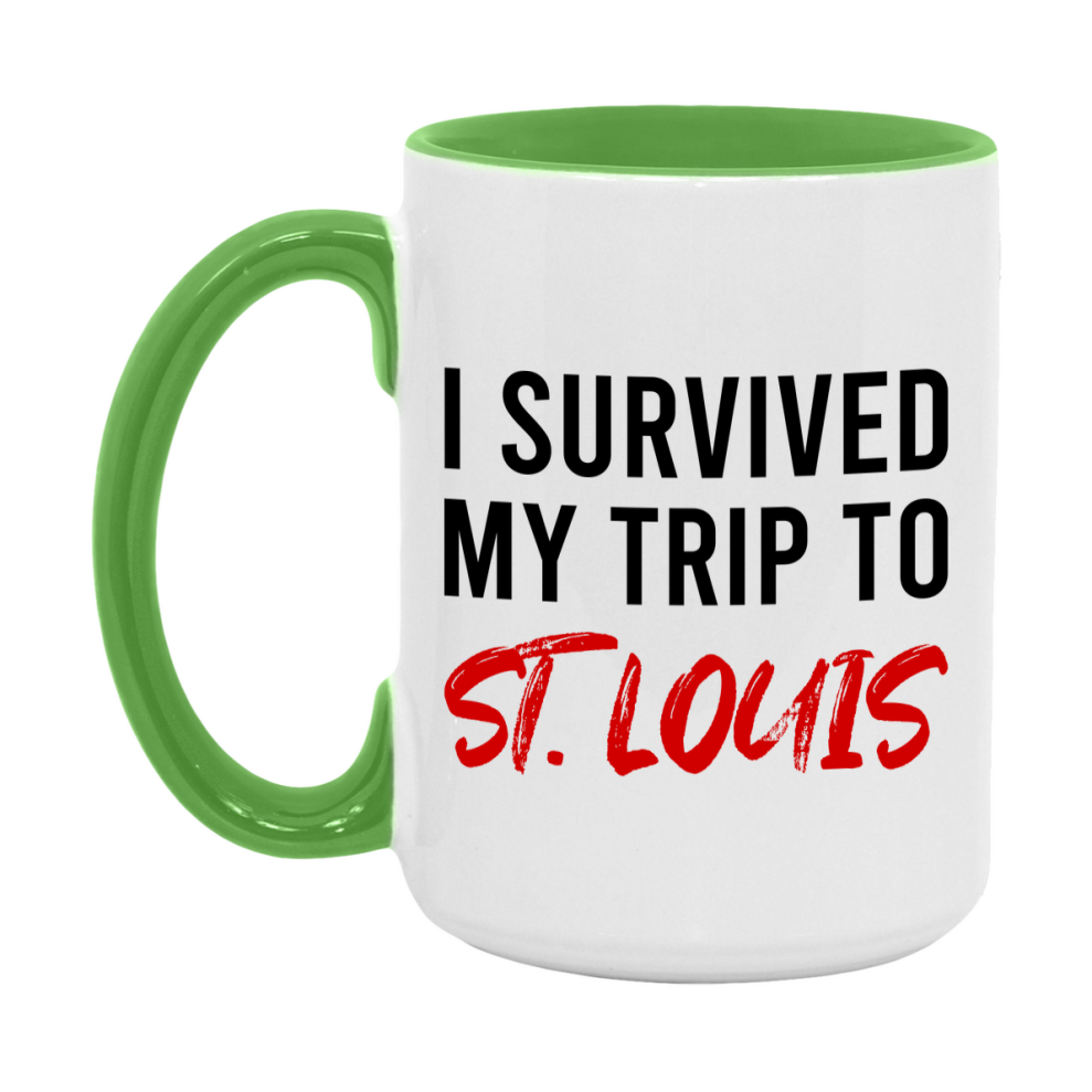 Funny Travel Mug – I Survived My Trip to St. Louis, 11oz or 15oz White Ceramic Coffee Mug, Novelty Travel Gift
