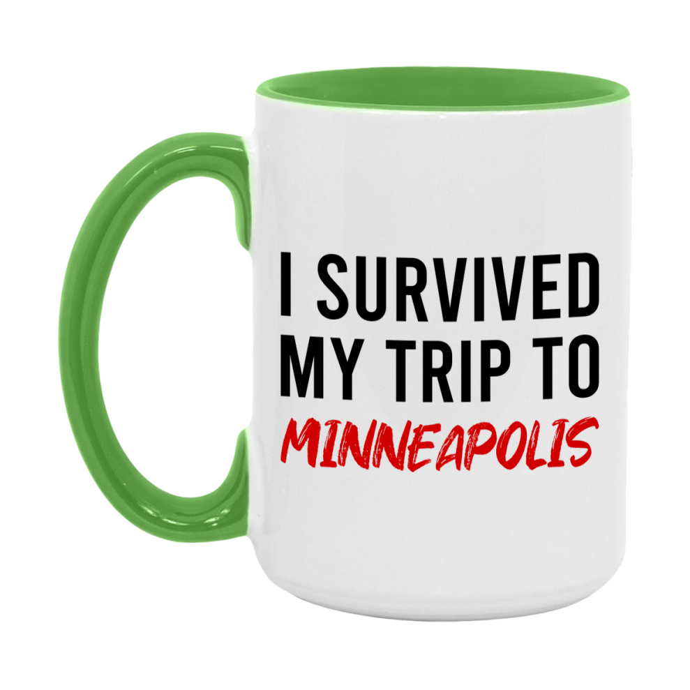 Funny Travel Mug – I Survived My Trip to Minneapolis, 11oz or 15oz White Ceramic Coffee Mug, Novelty Travel Gift