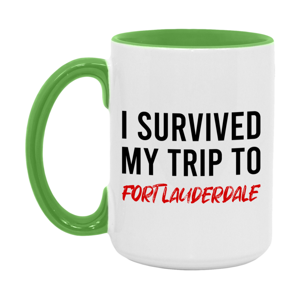 Funny Travel Mug – I Survived My Trip to Fort Lauderdale, 11oz or 15oz White Ceramic Coffee Mug, Novelty Travel Gift
