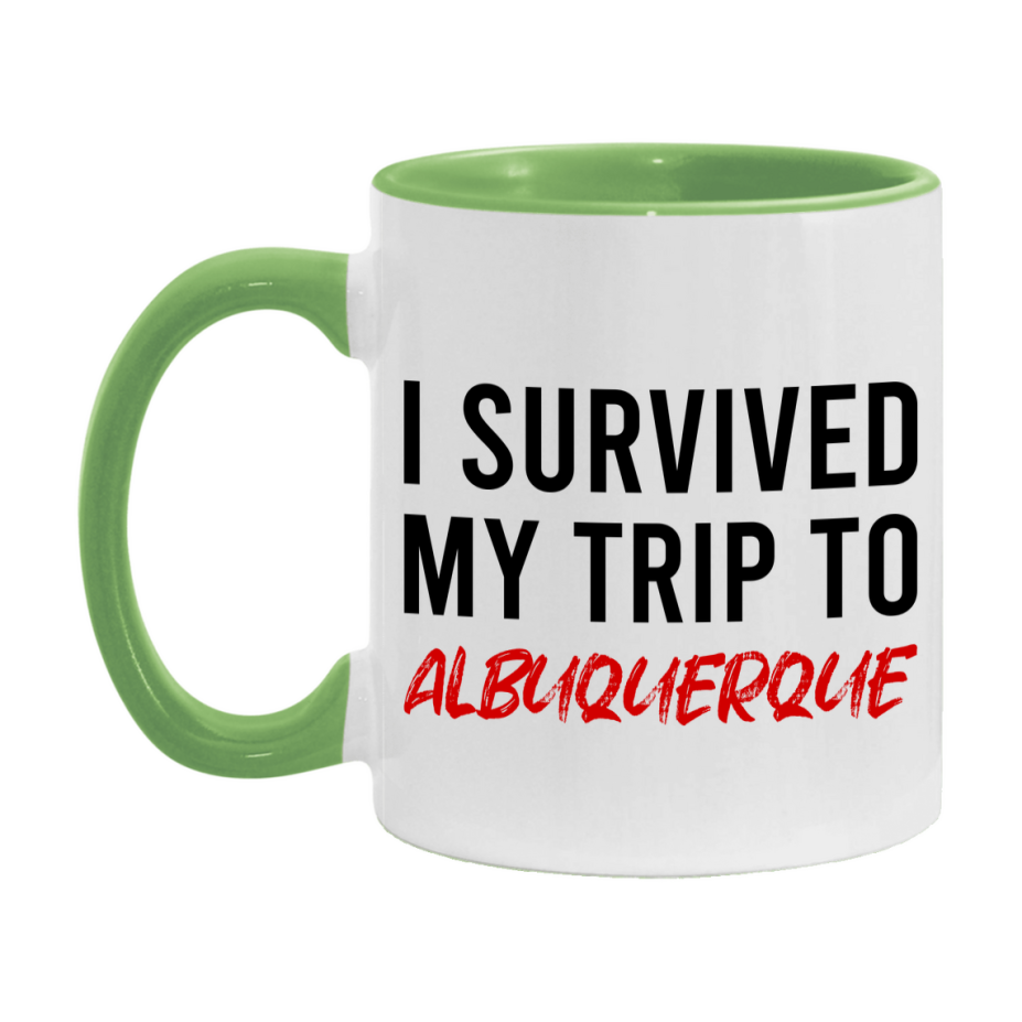 Funny Travel Mug – I Survived My Trip to Albuquerque, 11oz or 15oz White Ceramic Coffee Mug, Novelty Travel Gift