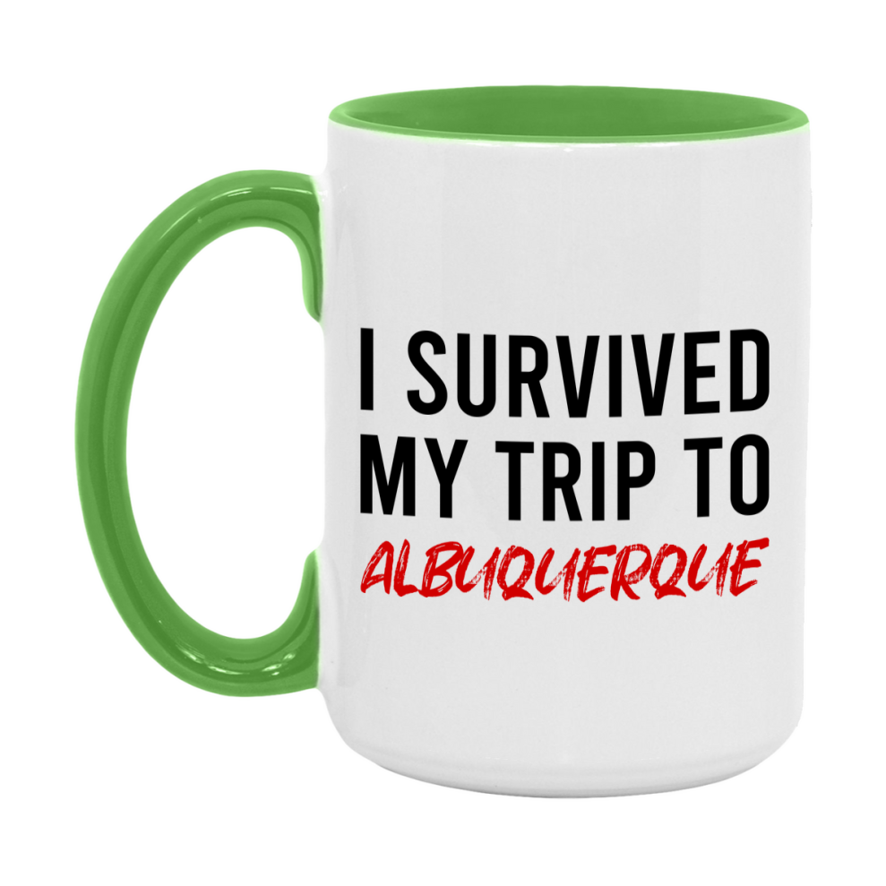 Funny Travel Mug – I Survived My Trip to Albuquerque, 11oz or 15oz White Ceramic Coffee Mug, Novelty Travel Gift