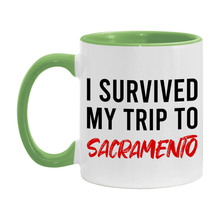 Funny Travel Mug – I Survived My Trip to Sacramento, 11oz or 15oz White Ceramic Coffee Mug, Novelty Travel Gift