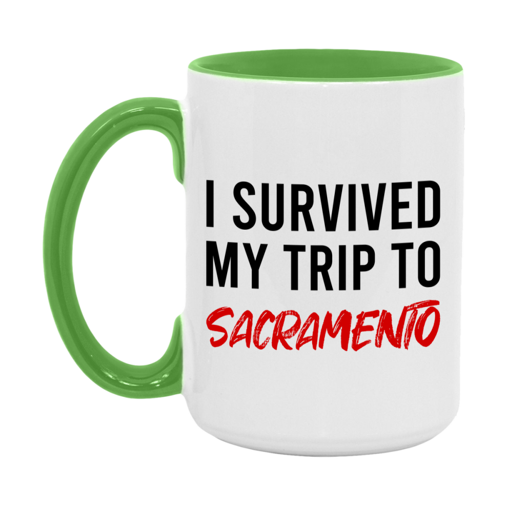 Funny Travel Mug – I Survived My Trip to Sacramento, 11oz or 15oz White Ceramic Coffee Mug, Novelty Travel Gift