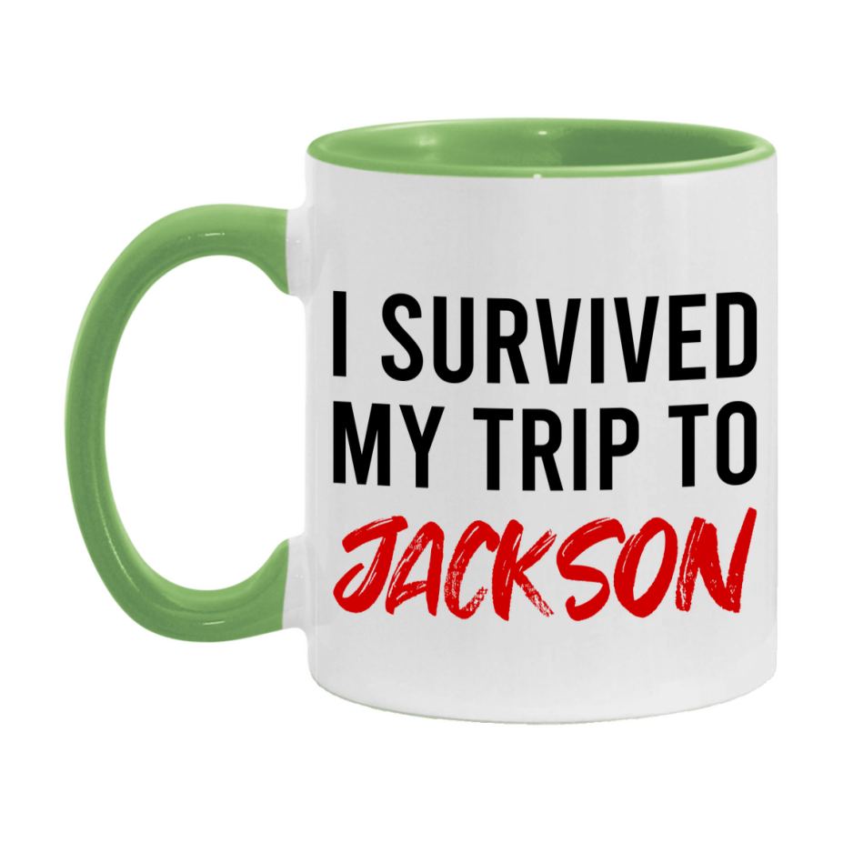 Funny Travel Mug – I Survived My Trip to Jackson, 11oz or 15oz White Ceramic Coffee Mug, Novelty Travel Gift