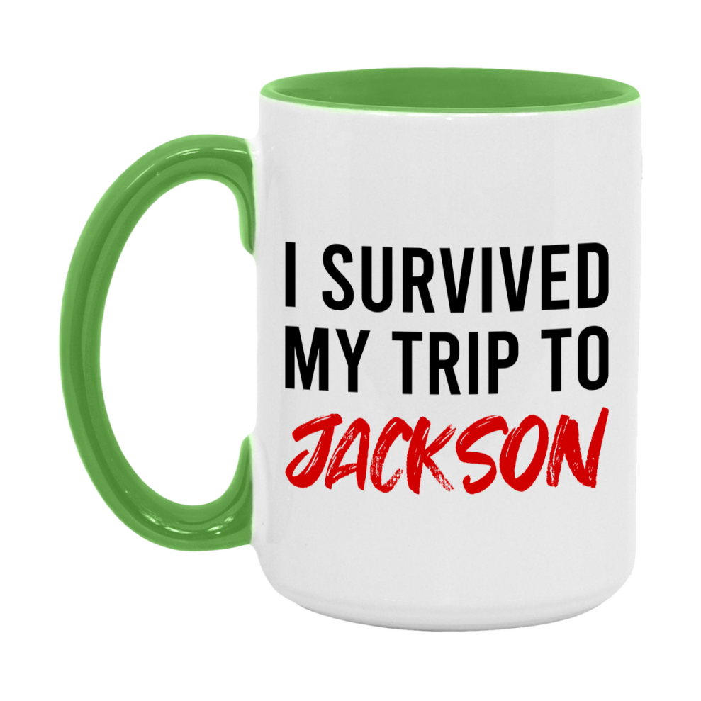 Funny Travel Mug – I Survived My Trip to Jackson, 11oz or 15oz White Ceramic Coffee Mug, Novelty Travel Gift