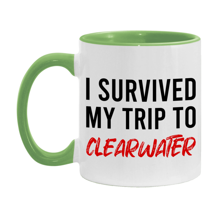 Funny Travel Mug – I Survived My Trip to Clearwater, 11oz or 15oz White Ceramic Coffee Mug, Novelty Travel Gift