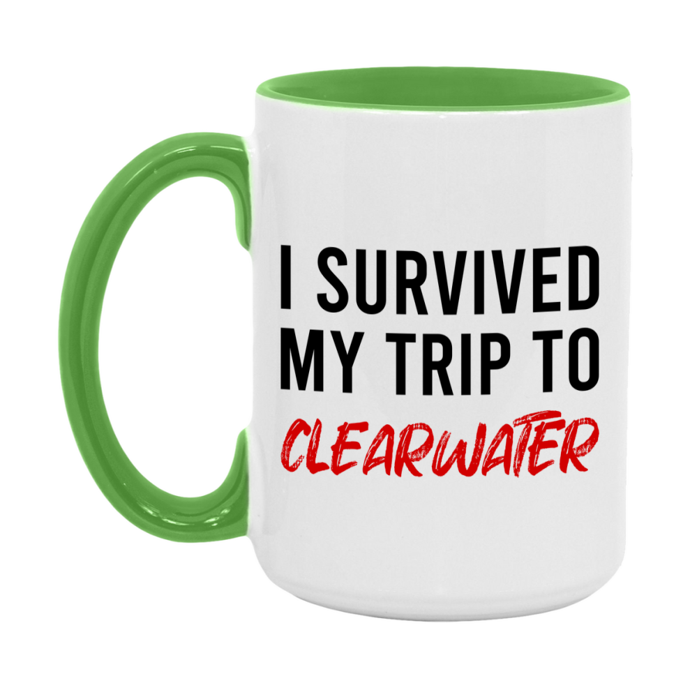 Funny Travel Mug – I Survived My Trip to Clearwater, 11oz or 15oz White Ceramic Coffee Mug, Novelty Travel Gift