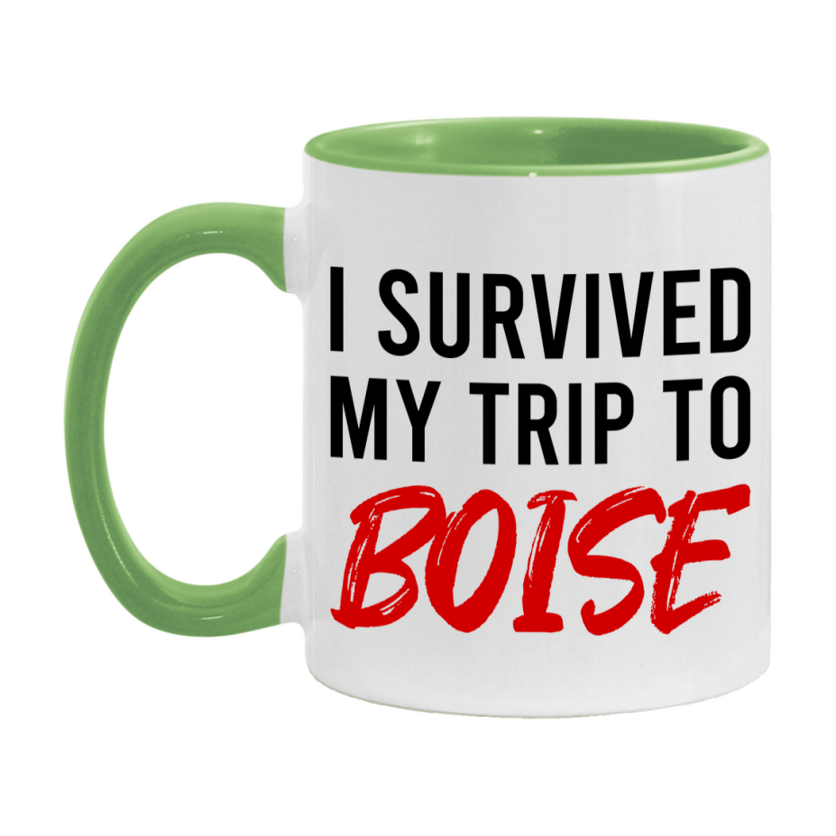 Funny Travel Mug – I Survived My Trip to Boise, 11oz or 15oz White Ceramic Coffee Mug, Novelty Travel Gift