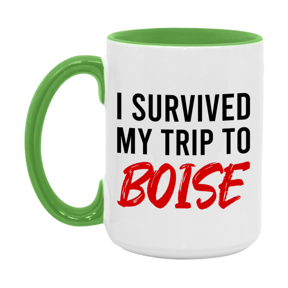 Funny Travel Mug – I Survived My Trip to Boise, 11oz or 15oz White Ceramic Coffee Mug, Novelty Travel Gift