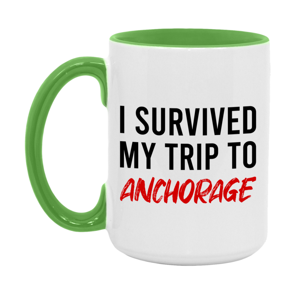 Funny Travel Mug – I Survived My Trip to Anchorage, 11oz or 15oz White Ceramic Coffee Mug, Novelty Travel Gift