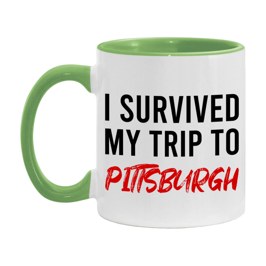 Funny Travel Mug – I Survived My Trip to Pittsburgh, 11oz or 15oz White Ceramic Coffee Mug, Novelty Travel Gift