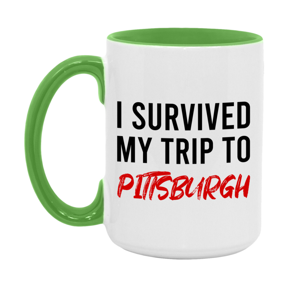 Funny Travel Mug – I Survived My Trip to Pittsburgh, 11oz or 15oz White Ceramic Coffee Mug, Novelty Travel Gift