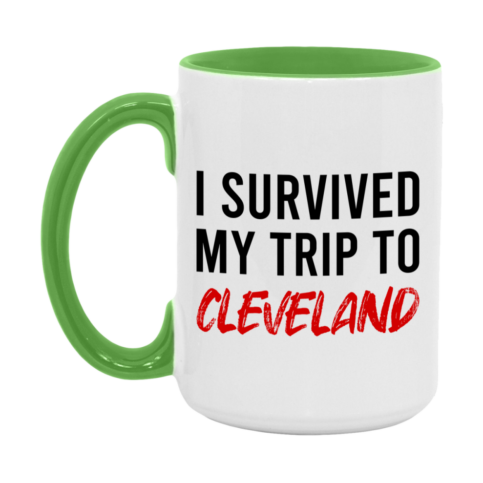 Funny Travel Mug – I Survived My Trip to Cleveland, 11oz or 15oz White Ceramic Coffee Mug, Novelty Travel Gift