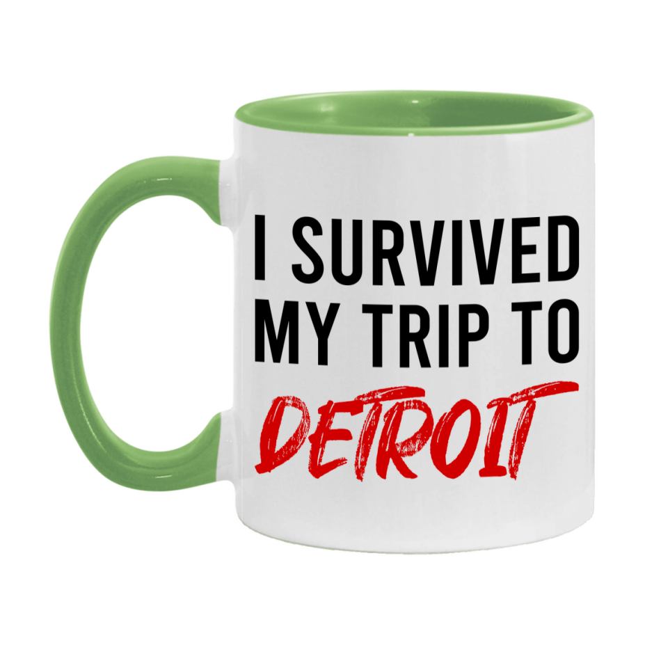 Funny Travel Mug – I Survived My Trip to Detroit, 11oz or 15oz White Ceramic Coffee Mug, Novelty Travel Gift