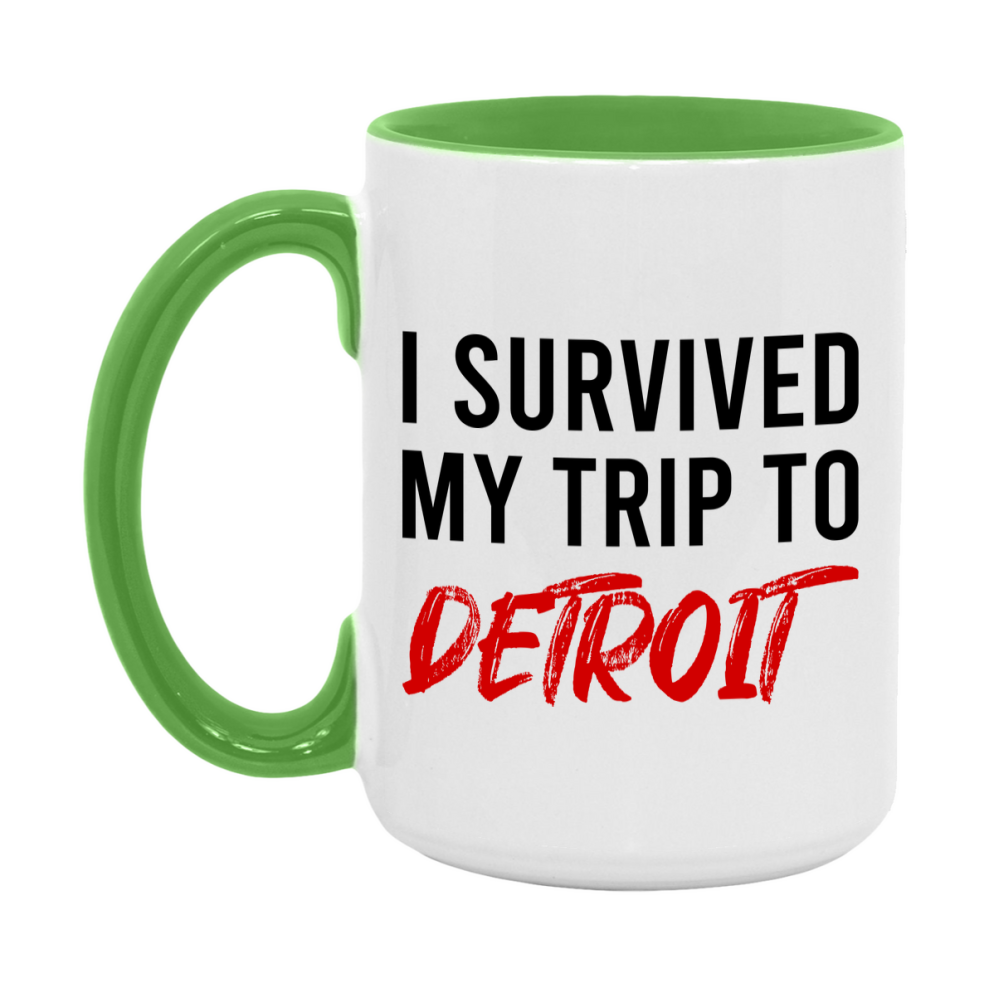 Funny Travel Mug – I Survived My Trip to Detroit, 11oz or 15oz White Ceramic Coffee Mug, Novelty Travel Gift