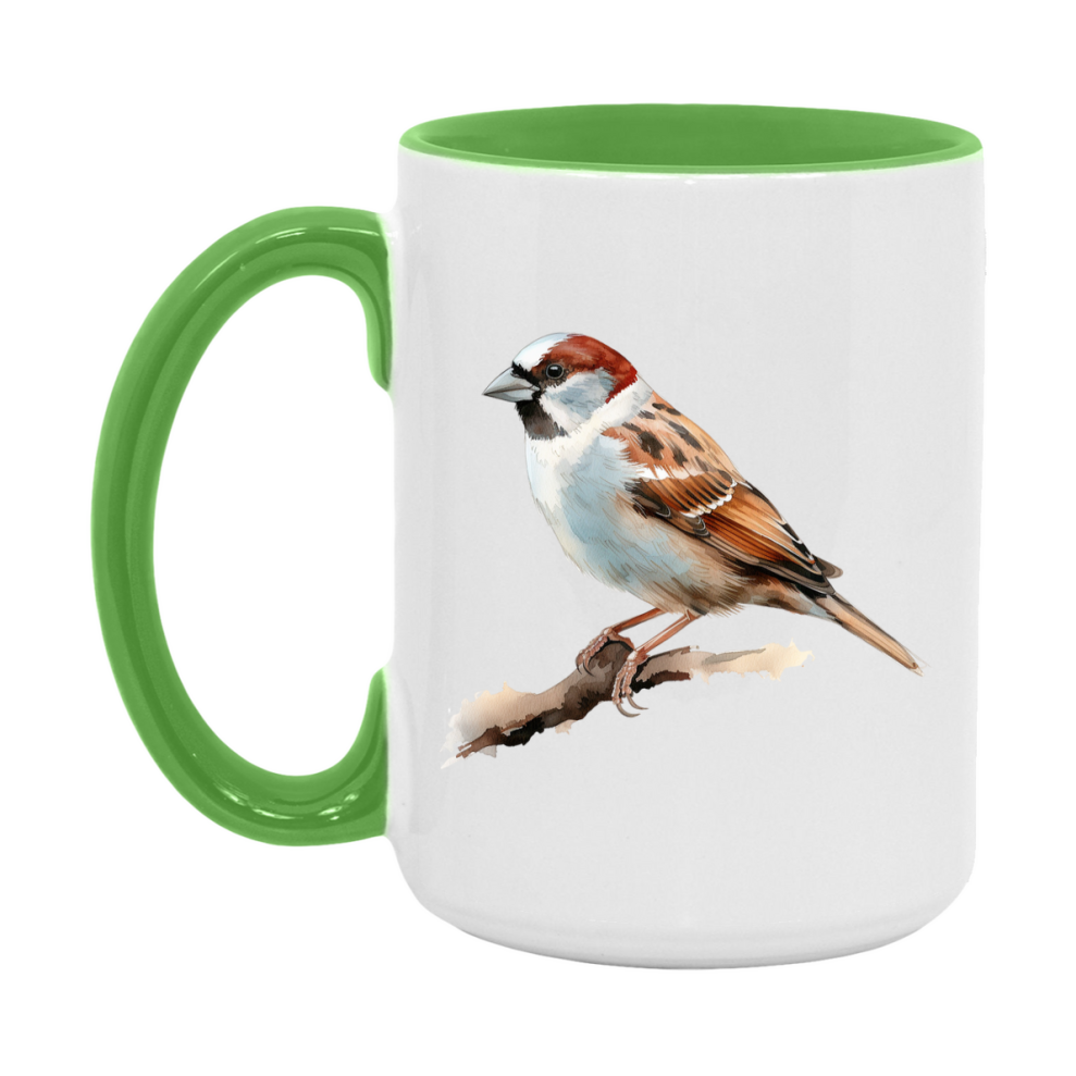 Bird Watching Mug, House Sparrow Song Bird Mug, 11oz or 15oz White Ceramic Coffee Mug Gift for Bird Watchers