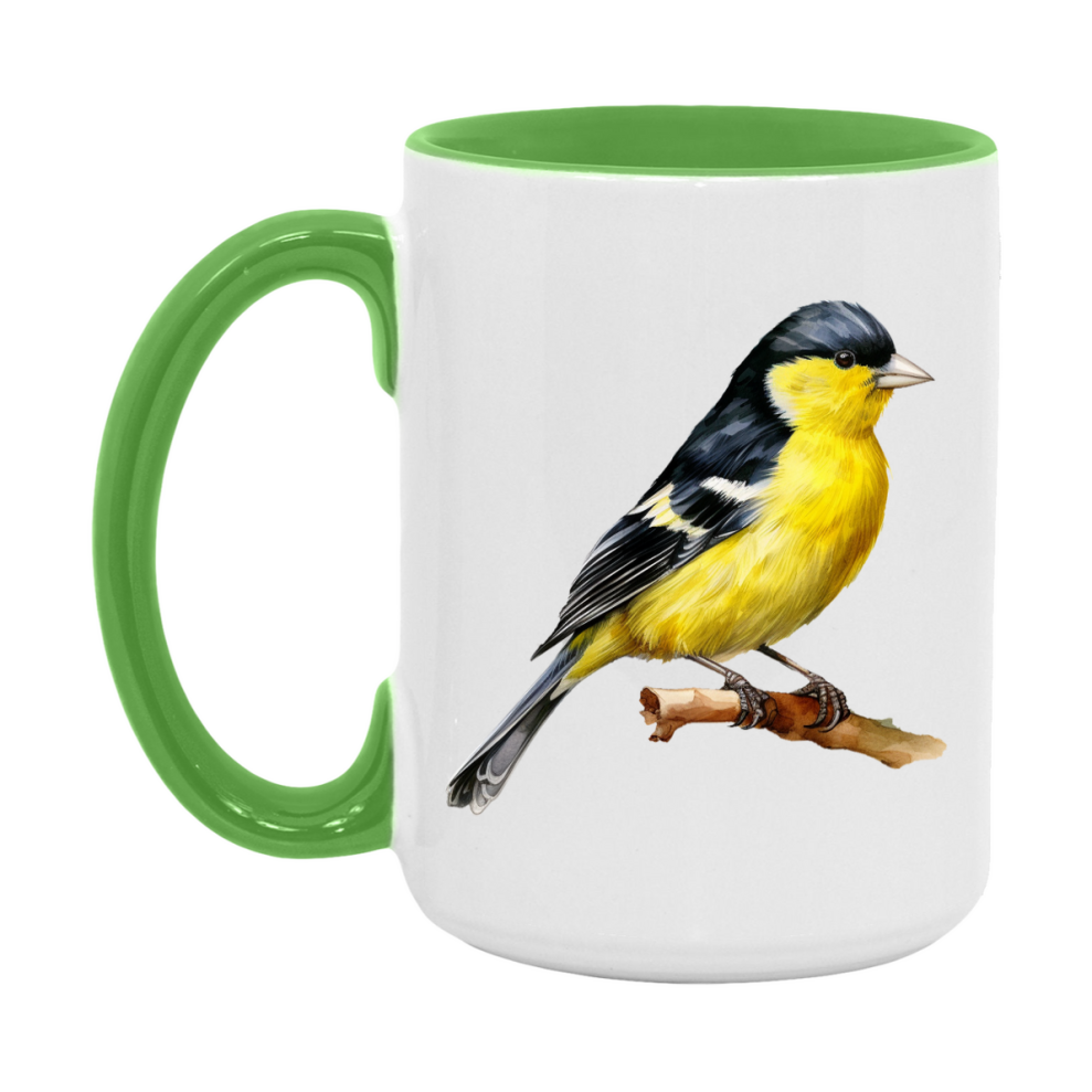 Bird Watching Mug, Lesser Goldfinch Song Bird Mug, 11oz or 15oz White Ceramic Coffee Mug Gift for Bird Watchers