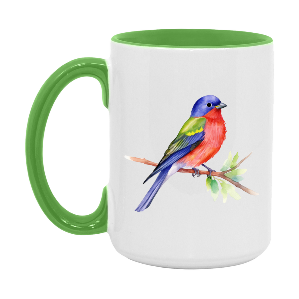 Bird Watching Mug, Painted Bunting Song Bird Mug, 11oz or 15oz White Ceramic Coffee Mug Gift for Bird Watchers