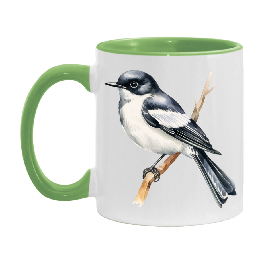 Bird Watching Mug, Pied Flycatcher Song Bird Mug, 11oz or 15oz White Ceramic Coffee Mug Gift for Bird Watchers