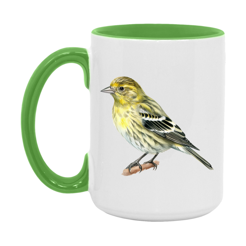Bird Watching Mug, Pine Siskin Song Bird Mug, 11oz or 15oz White Ceramic Coffee Mug Gift for Bird Watchers