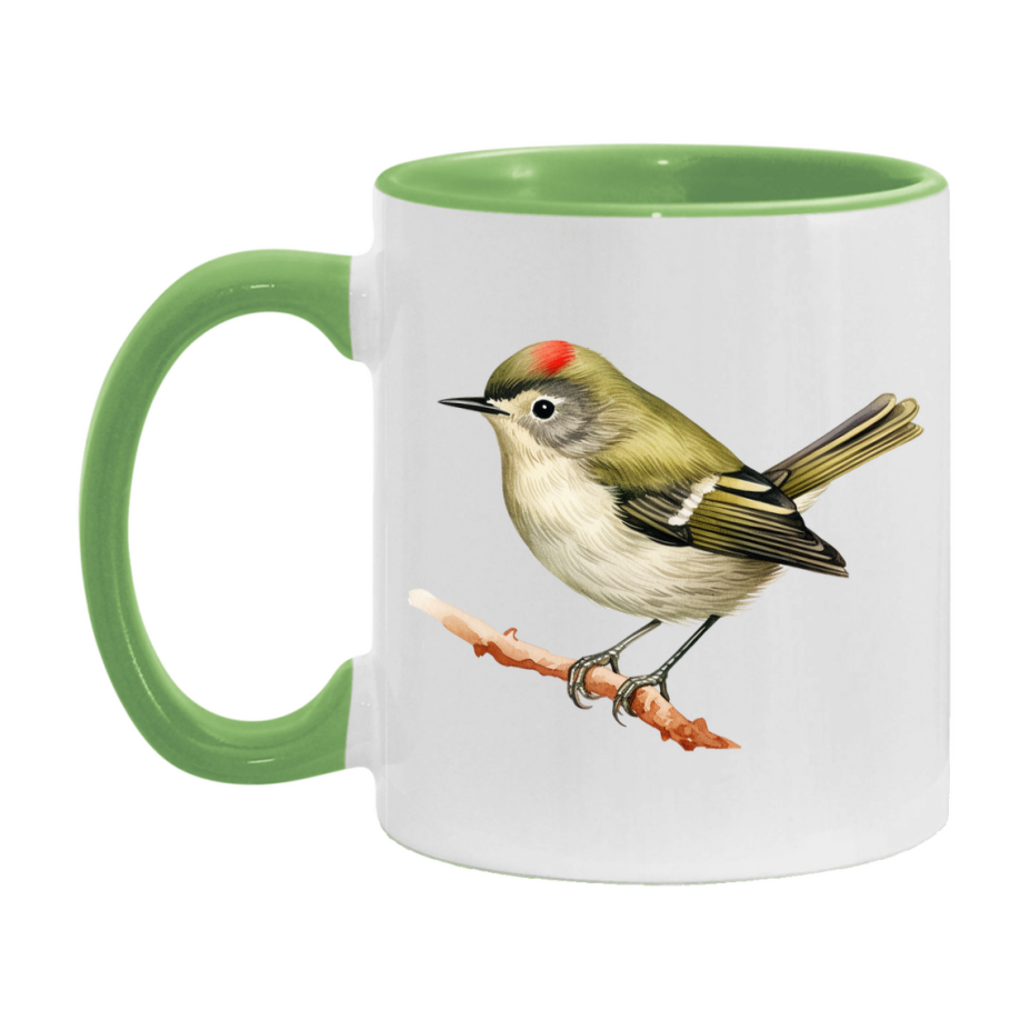 Bird Watching Mug, Ruby Crowned Kinglet Song Bird Mug, 11oz or 15oz White Ceramic Coffee Mug Gift for Bird Watchers