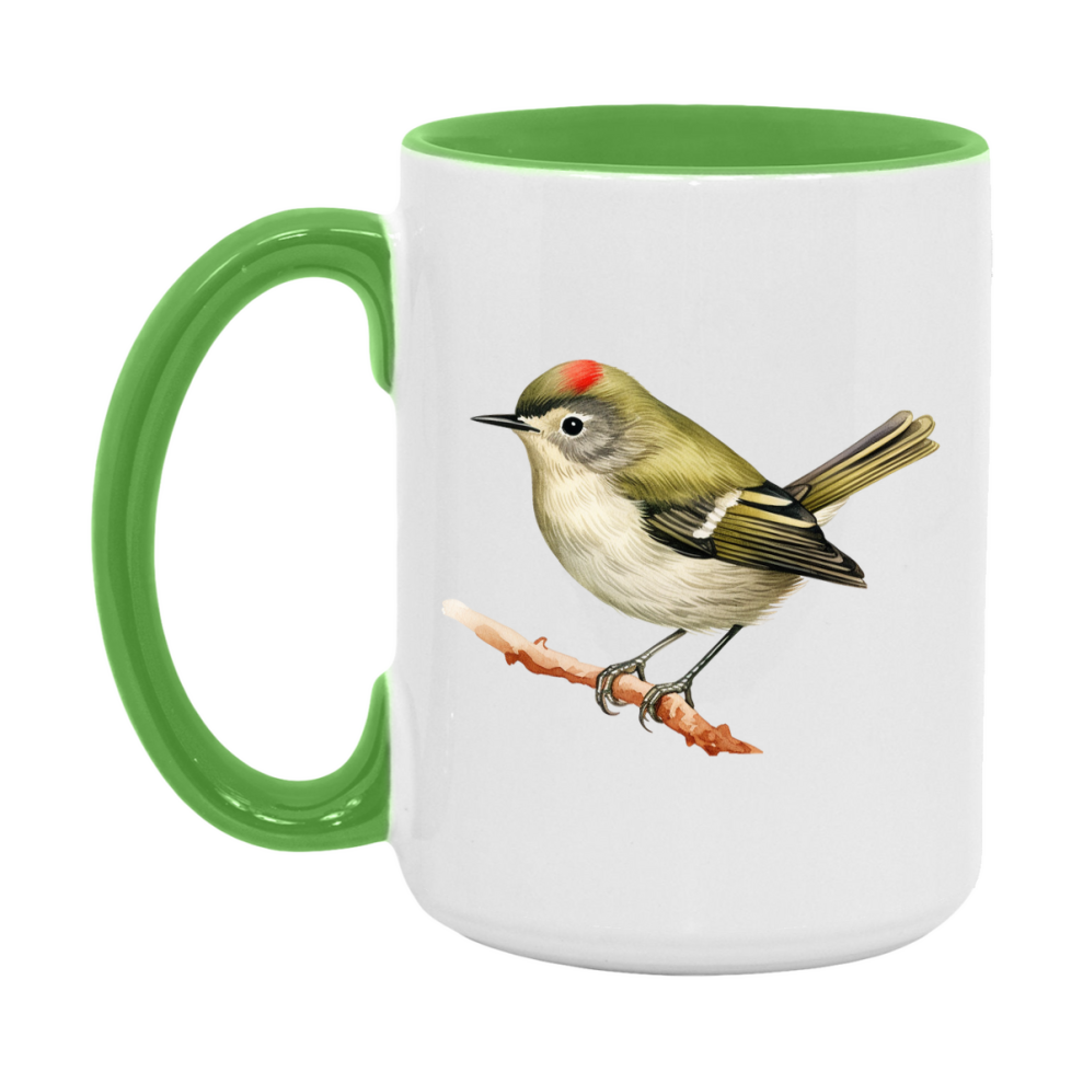 Bird Watching Mug, Ruby Crowned Kinglet Song Bird Mug, 11oz or 15oz White Ceramic Coffee Mug Gift for Bird Watchers