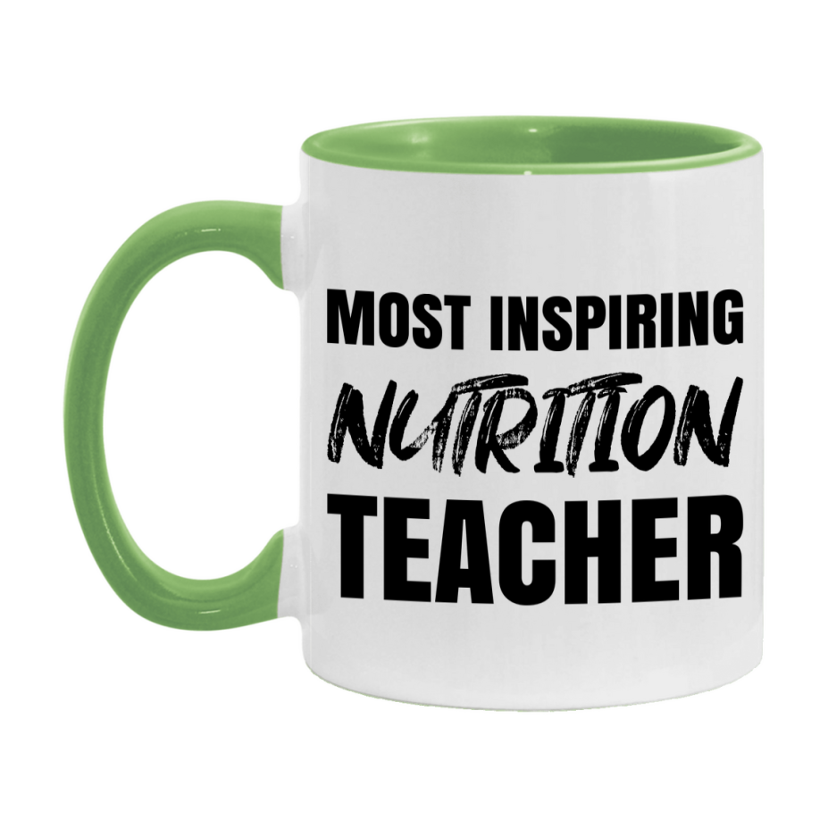 Teacher Superlative Mug, Most Inspiring Nutrition Teacher Gift, 11oz or 15oz White Ceramic Coffee Cup, Gift for Nutrition Teacher