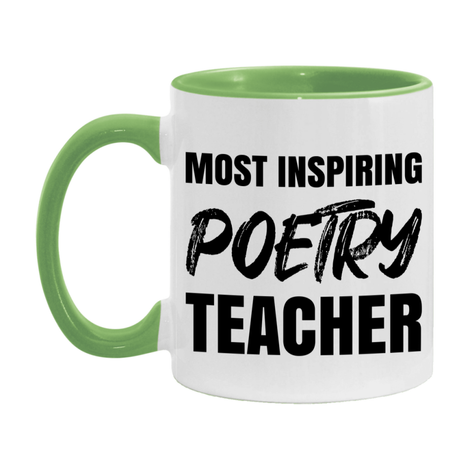 Teacher Superlative Mug, Most Inspiring Poetry Teacher Gift, 11oz or 15oz White Ceramic Coffee Cup, Gift for Poetry Teacher