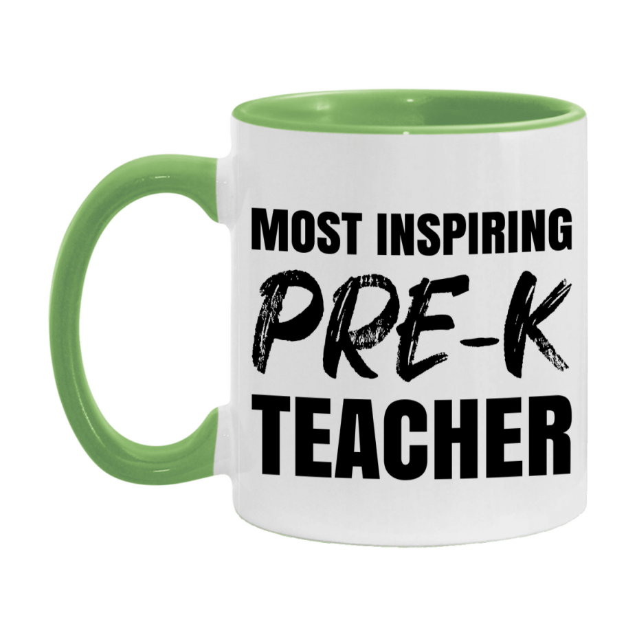 Teacher Superlative Mug, Most Inspiring Pre-K Teacher Gift, 11oz or 15oz White Ceramic Coffee Cup, Gift for Pre-K Teacher