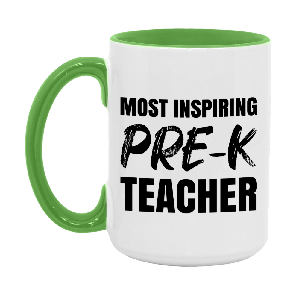 Teacher Superlative Mug, Most Inspiring Pre-K Teacher Gift, 11oz or 15oz White Ceramic Coffee Cup, Gift for Pre-K Teacher