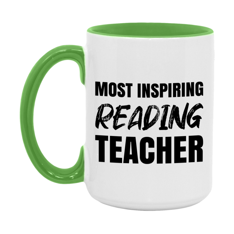 Teacher Superlative Mug, Most Inspiring Reading Teacher Gift, 11oz or 15oz White Ceramic Coffee Cup, Gift for Reading Teacher