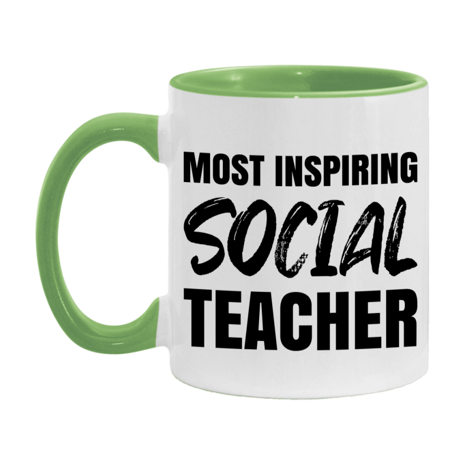 Teacher Superlative Mug, Most Inspiring Social Teacher Gift, 11oz or 15oz White Ceramic Coffee Cup, Gift for Social Teacher