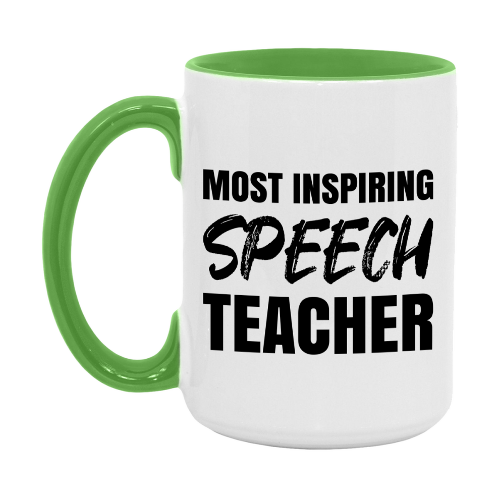 Teacher Superlative Mug, Most Inspiring Speech Teacher Gift, 11oz or 15oz White Ceramic Coffee Cup, Gift for Speech Teacher