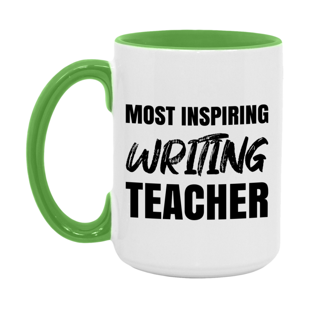 Teacher Superlative Mug, Most Inspiring Writing Teacher Gift, 11oz or 15oz White Ceramic Coffee Cup, Gift for Writing Teacher