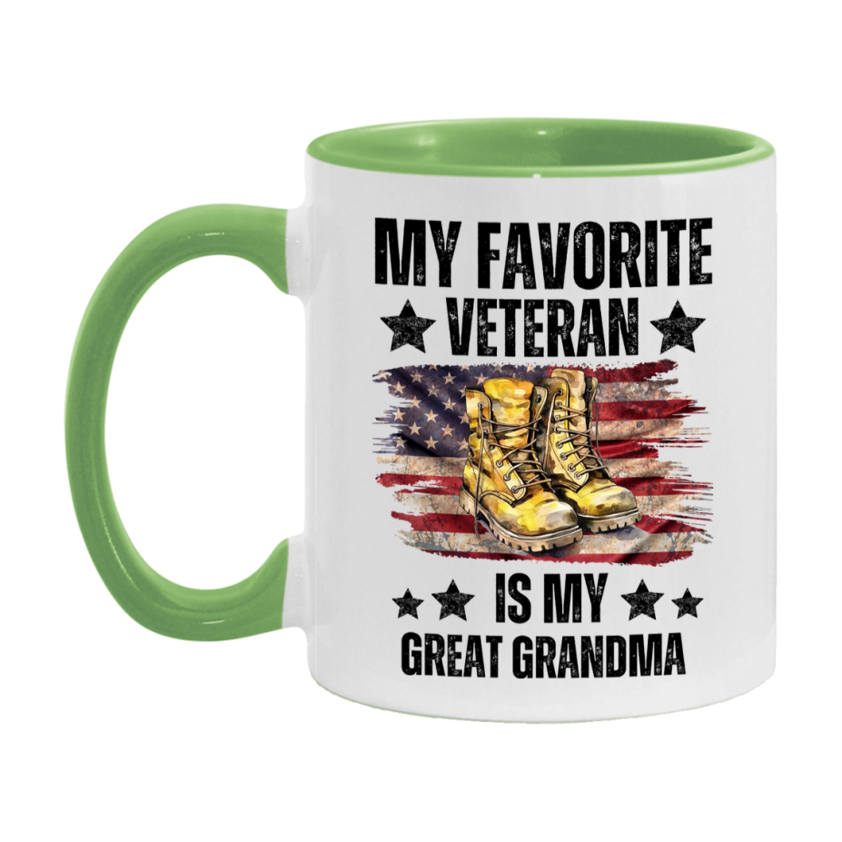 Veteran Gift Mug, My Favorite Veteran Is My Great Grandma, 11oz or 15oz Ceramic Coffee Cup Gift for Great Grandma
