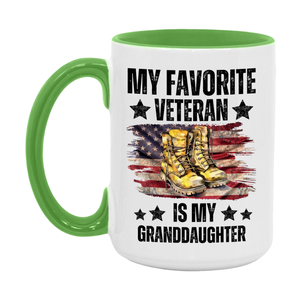 Veteran Gift Mug, My Favorite Veteran Is My Granddaughter, 11oz or 15oz Ceramic Coffee Cup Gift for Granddaughter