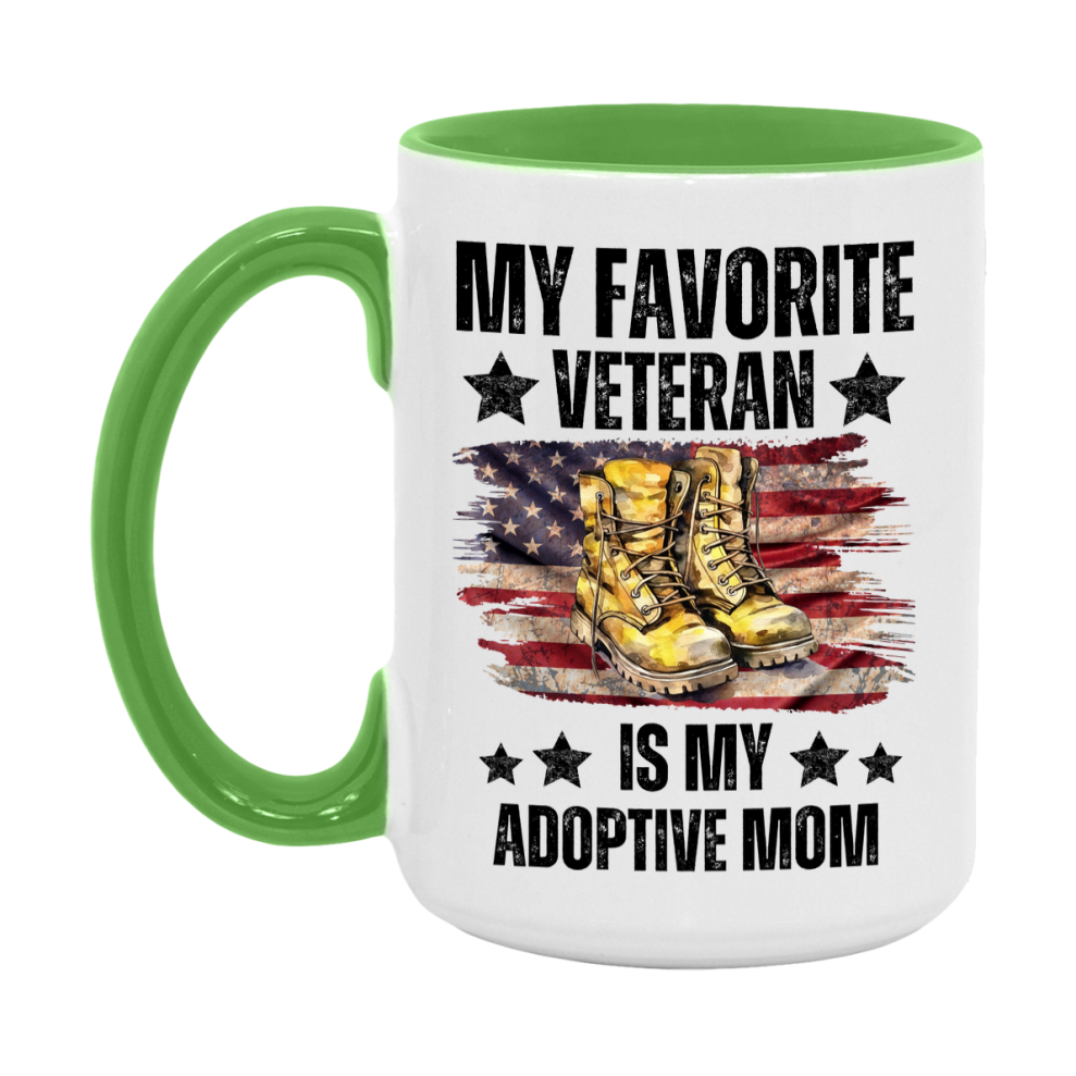 Veteran Gift Mug, My Favorite Veteran Is My Adoptive Mom, 11oz or 15oz Ceramic Coffee Cup Gift for Adoptive Mom