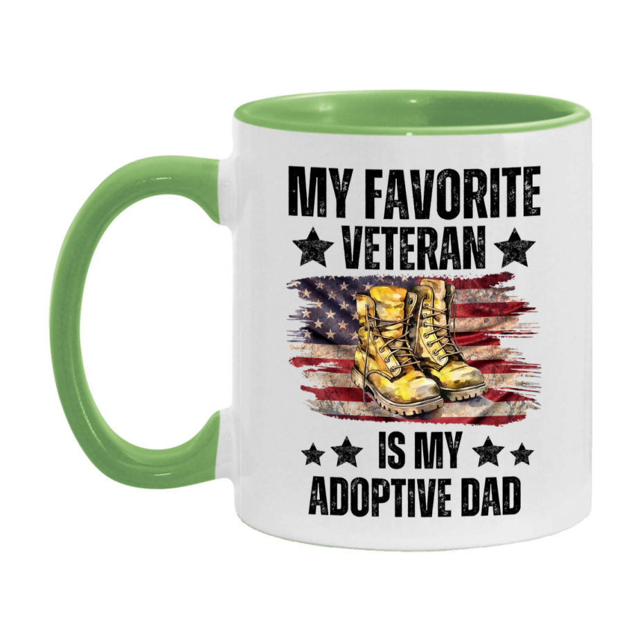 Veteran Gift Mug, My Favorite Veteran Is My Adoptive Dad, 11oz or 15oz Ceramic Coffee Cup Gift for Adoptive Dad