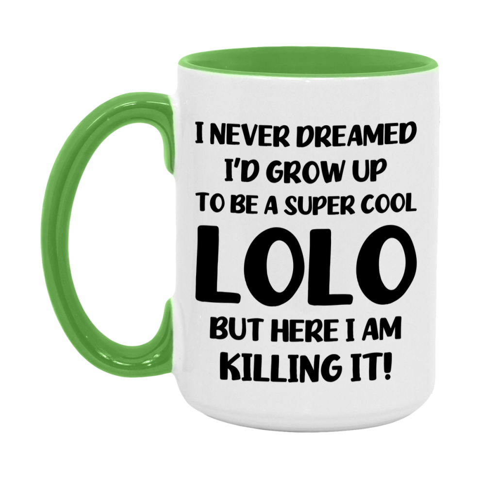 Funny Lolo Mug - "I Never Dreamed I'd Grow Up To Be A Super Cool Lolo" - White Ceramic Coffee Cup (11Oz Or 15Oz